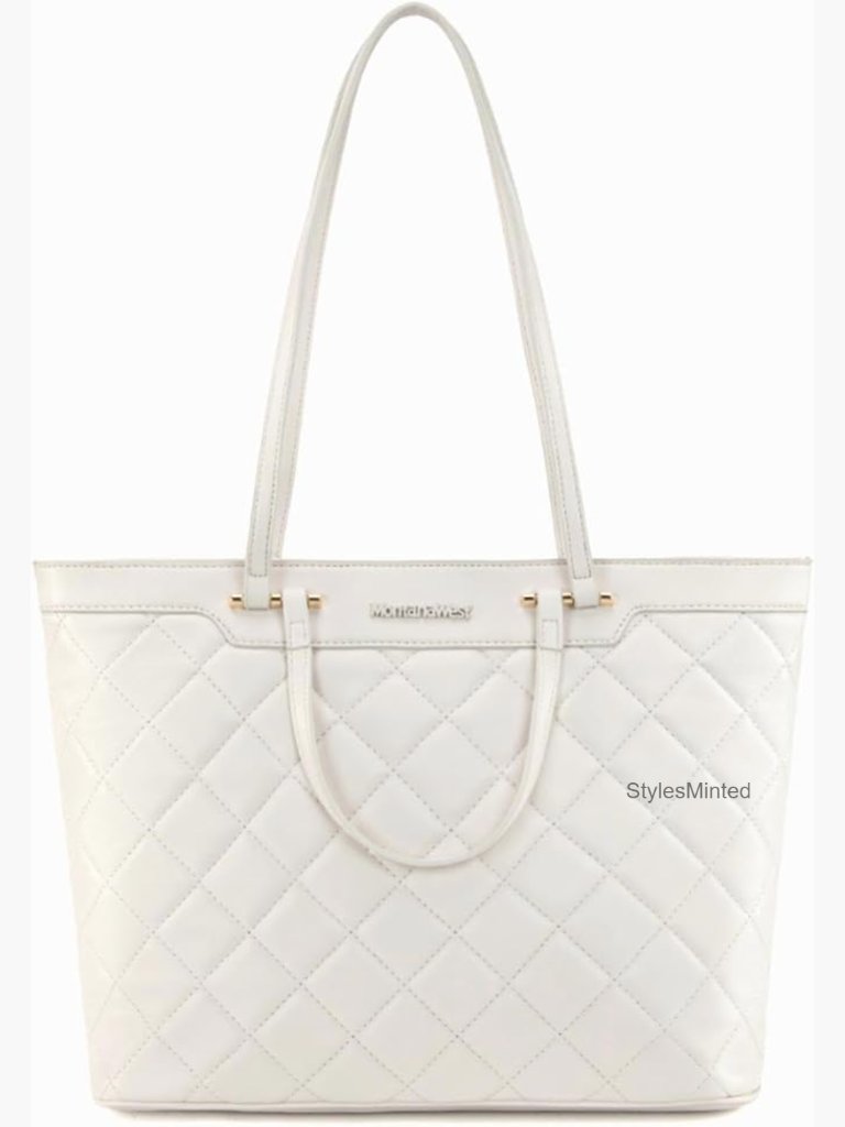 Quilted Faux Leather Tote Bag With Top Zipper Fits 13" Laptop